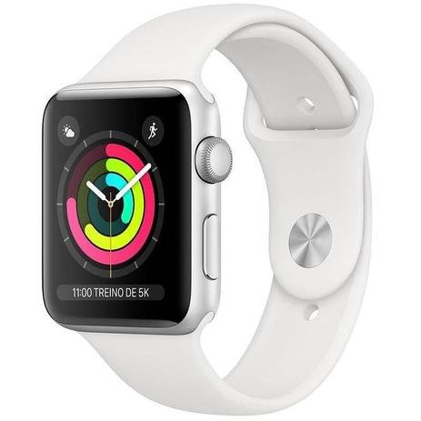 Apple Watch Series 3, 42 mm, Alumínio Prata, Pulseira Esportiva Branca e Fecho Clássico - MTF22BZ/A.